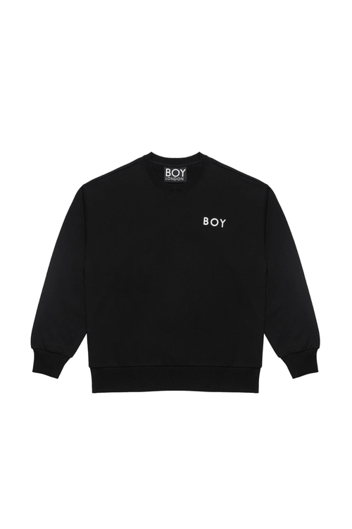 Black sweatshirt with 'BOY' branding on a white background