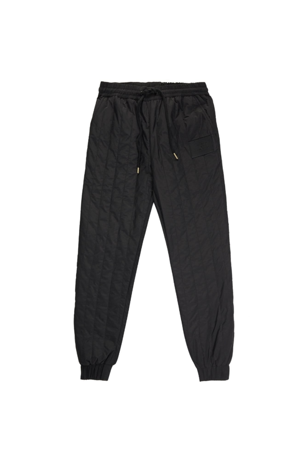 Black BOY LONDON quilted pants on a white background