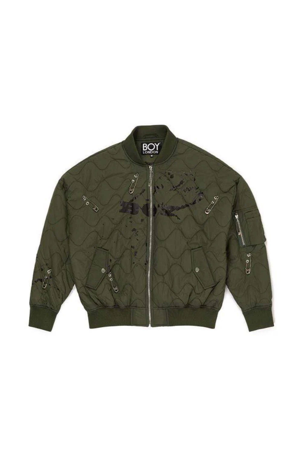 Green  BOY London bomber jacket with quilted design and zippers on a white background