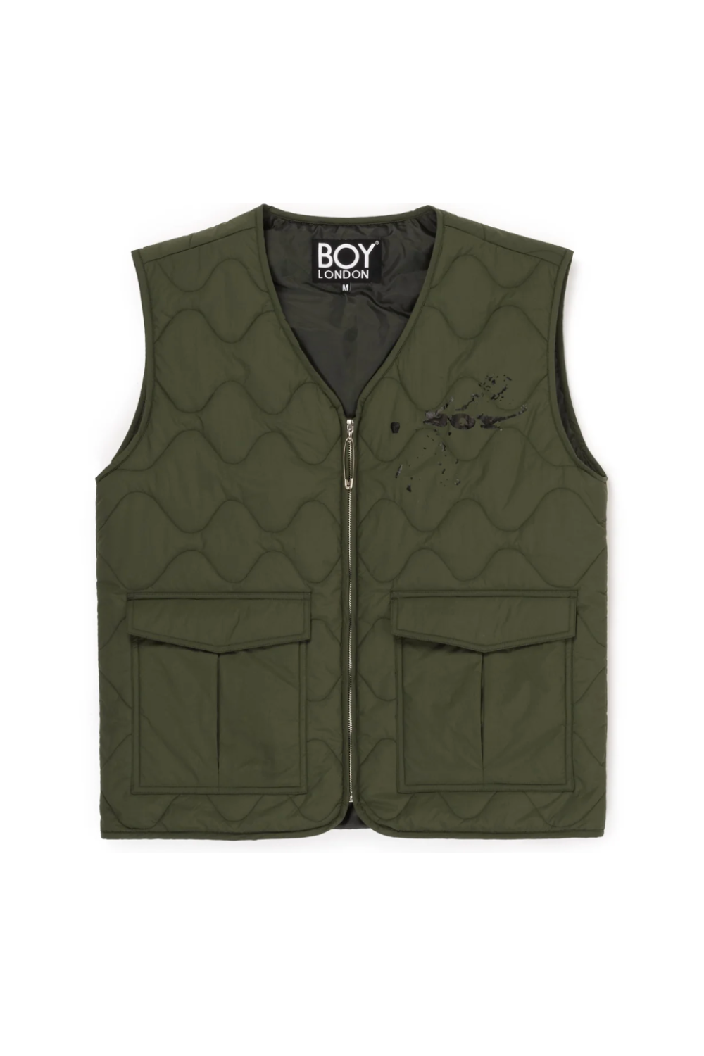 Green quilted vest with BOY London brand label on a white background