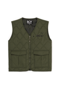Green quilted vest with BOY London brand label on a white background
