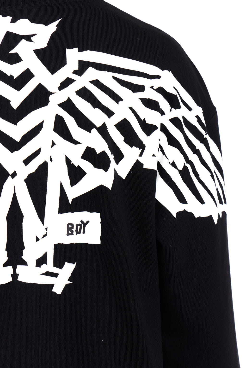 Black BOY London sweatshirt with white geometric pattern and 'BOY' logo on sleeve