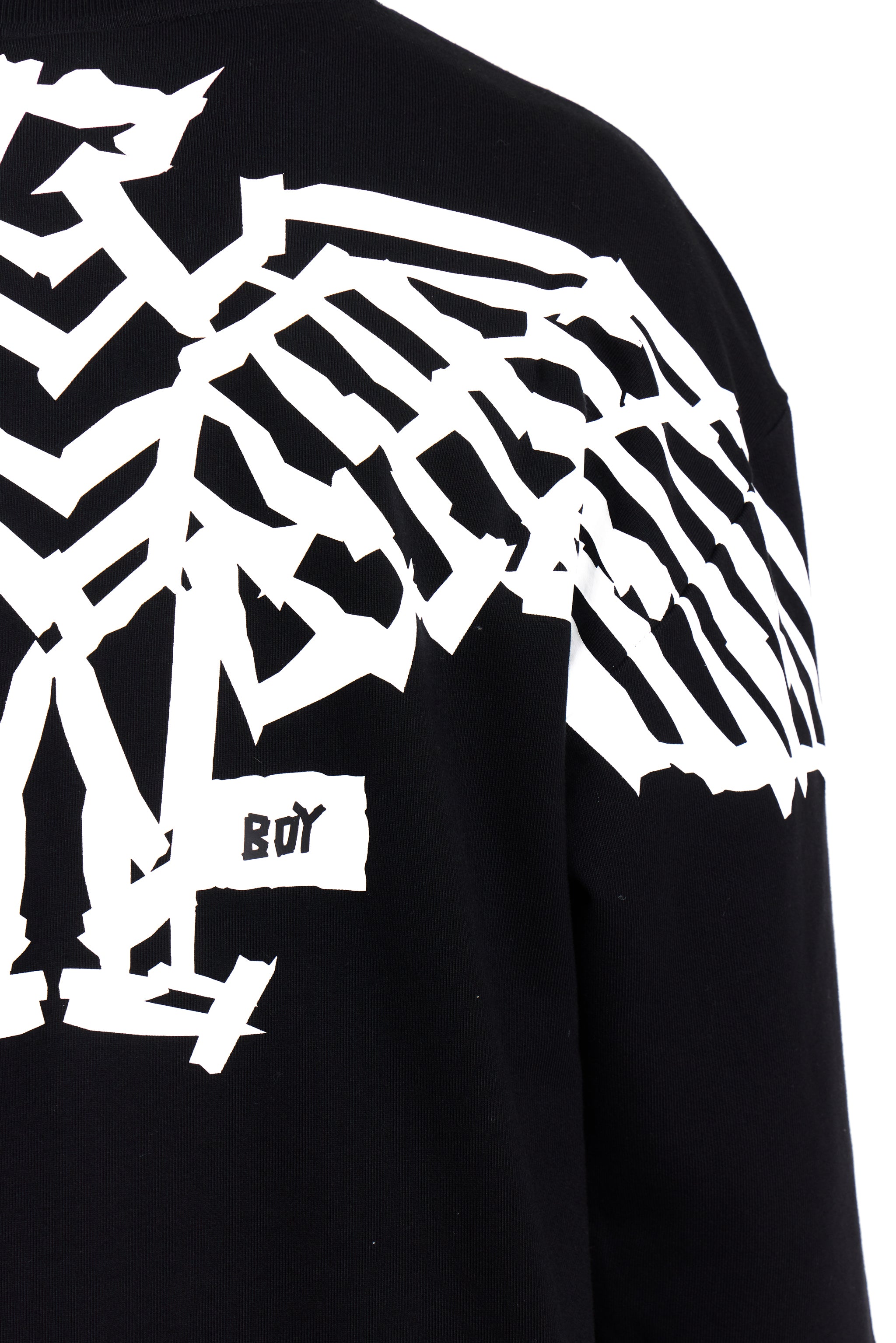 Black BOY London sweatshirt with white geometric pattern and 'BOY' logo on sleeve