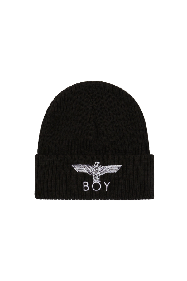 Black beanie with 'BOY' London logo on a white background