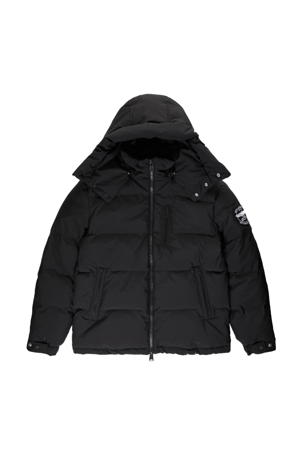 Black BOY London puffer jacket with a hood on a white background