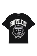 Black BOY London t-shirt with white 'BOYLDN' logo on a white background