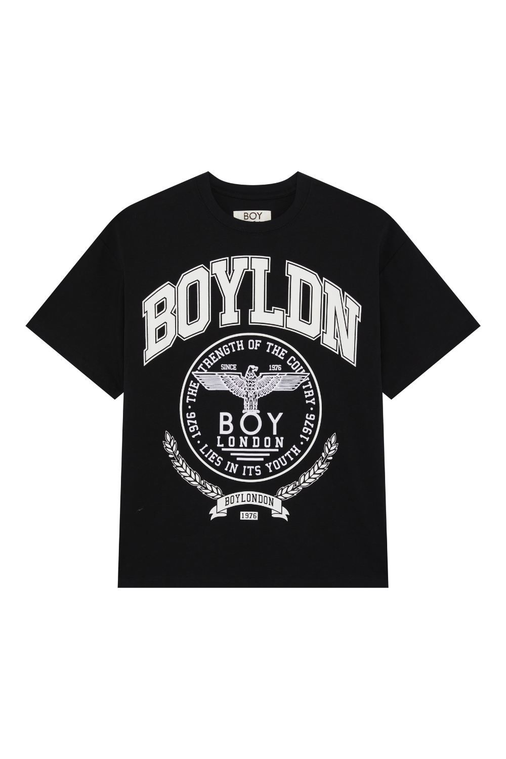 Black BOY London t-shirt with white 'BOYLDN' logo on a white background