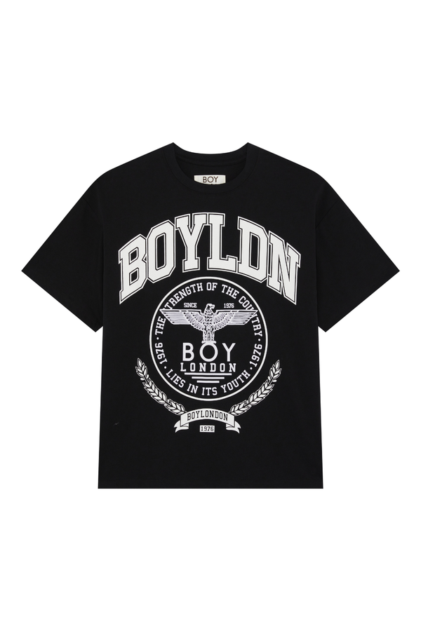 Black BOY London t-shirt with white 'BOYLDN' logo on a white background