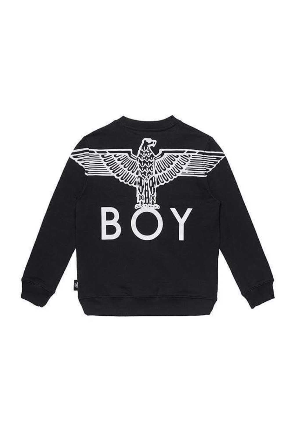 Black sweatshirt with white eagle design and 'BOY' text on a white background