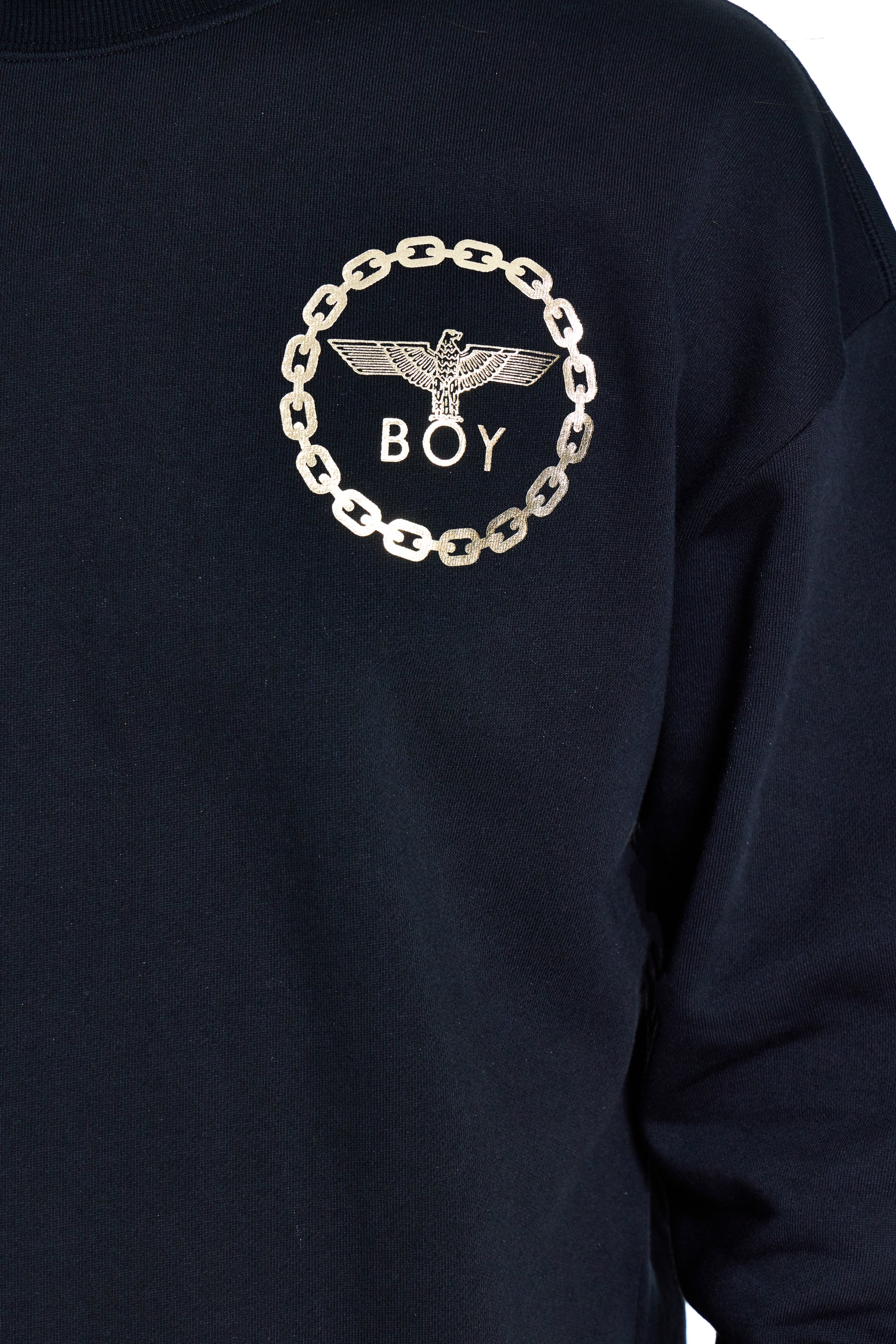 Black BOY London sweatshirt with gold chain and eagle logo on chest