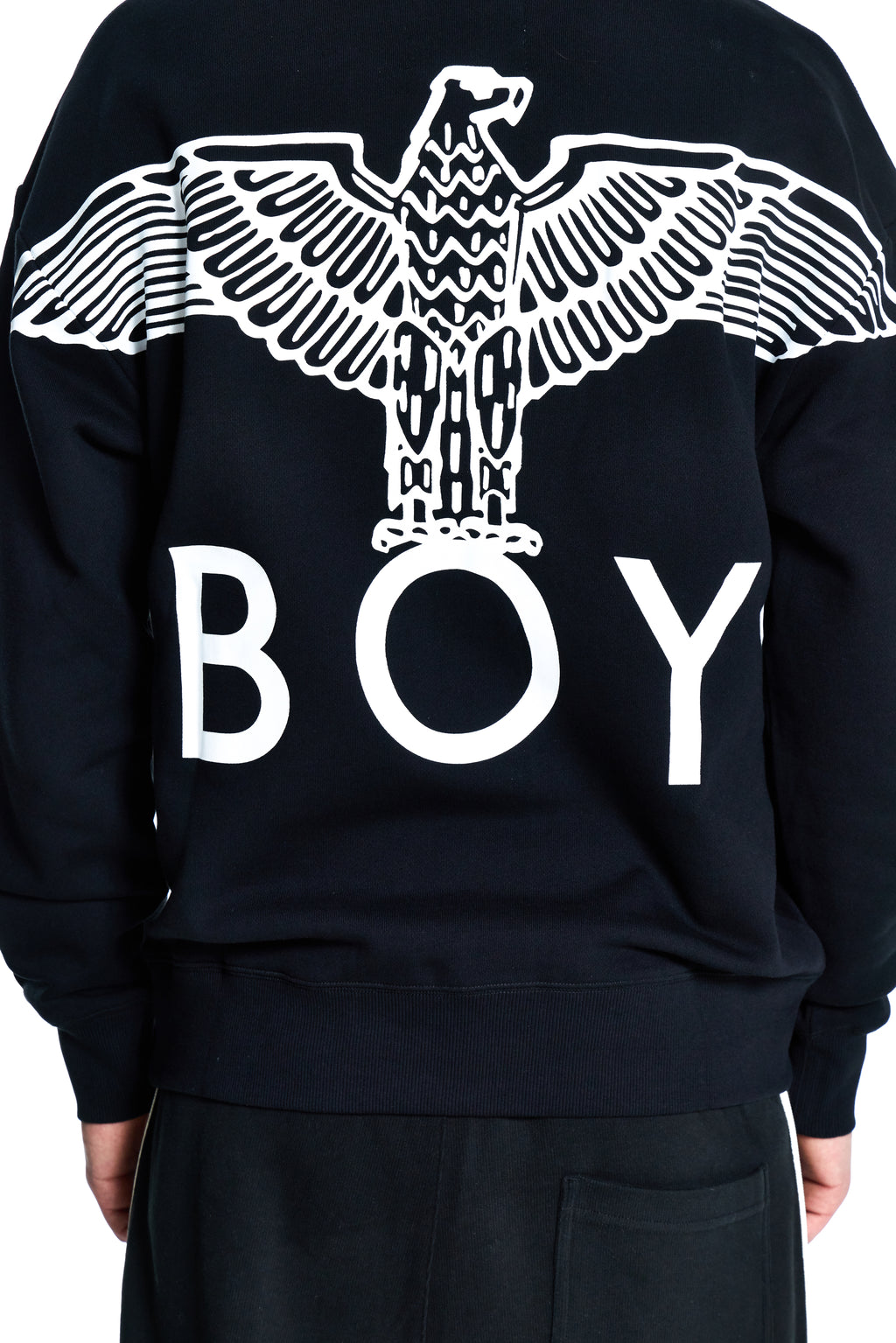 Black sweatshirt with white eagle design and 'BOY' text on the back
