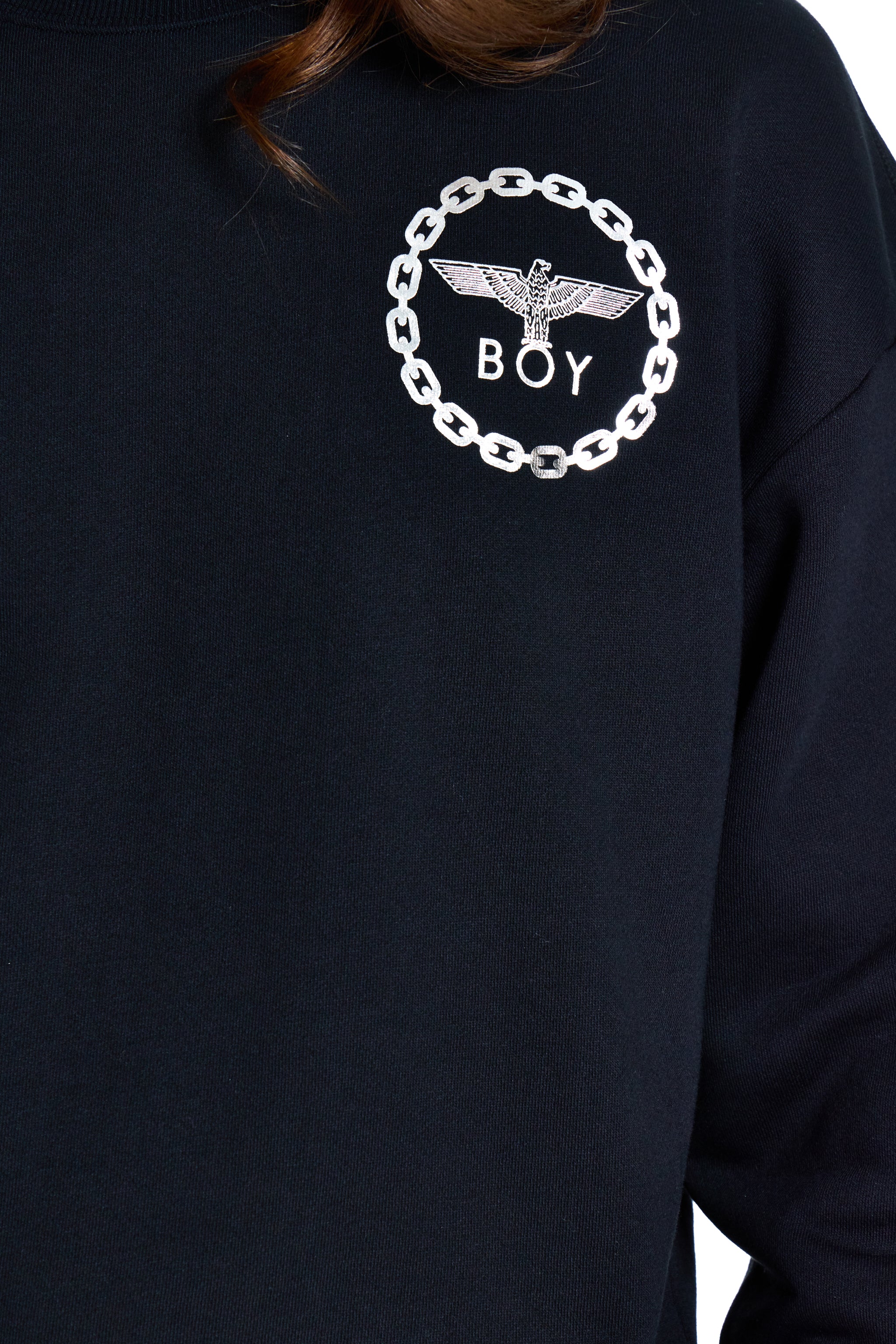 Black sweatshirt with 'BOY' logo on the chest
