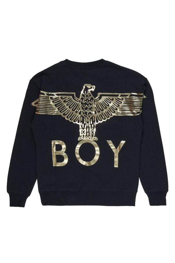 Black Boy London sweatshirt with gold eagle design and 'BOY' text on a white background