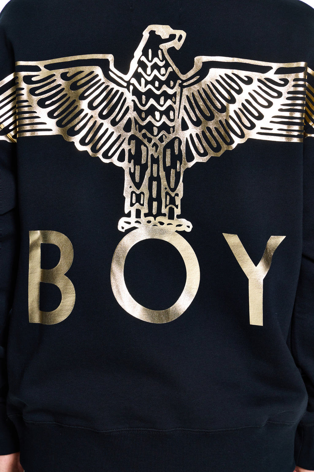 Black sweatshirt with gold eagle design and 'BOY' text on the back