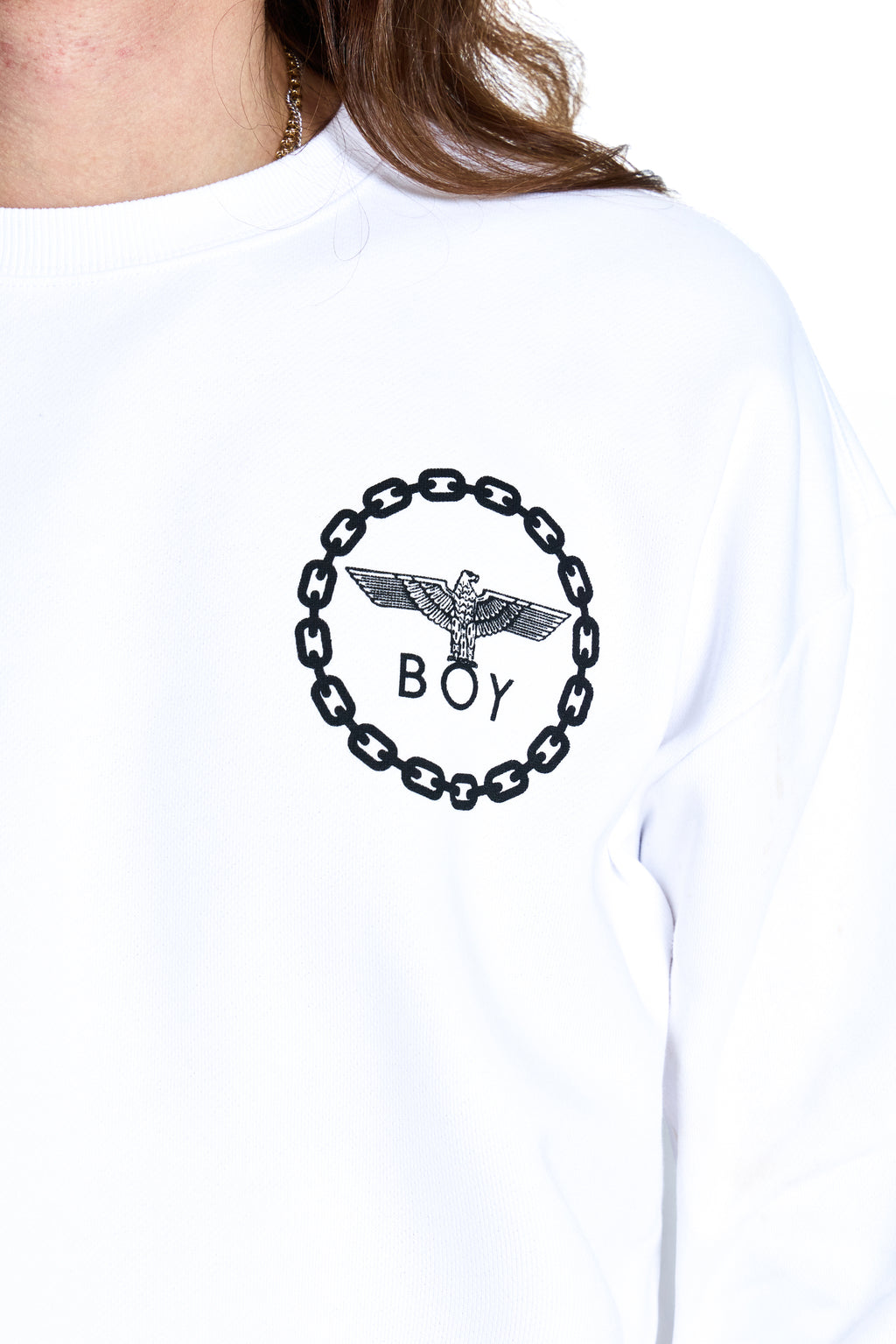 White t-shirt with black BOY London logo on the back