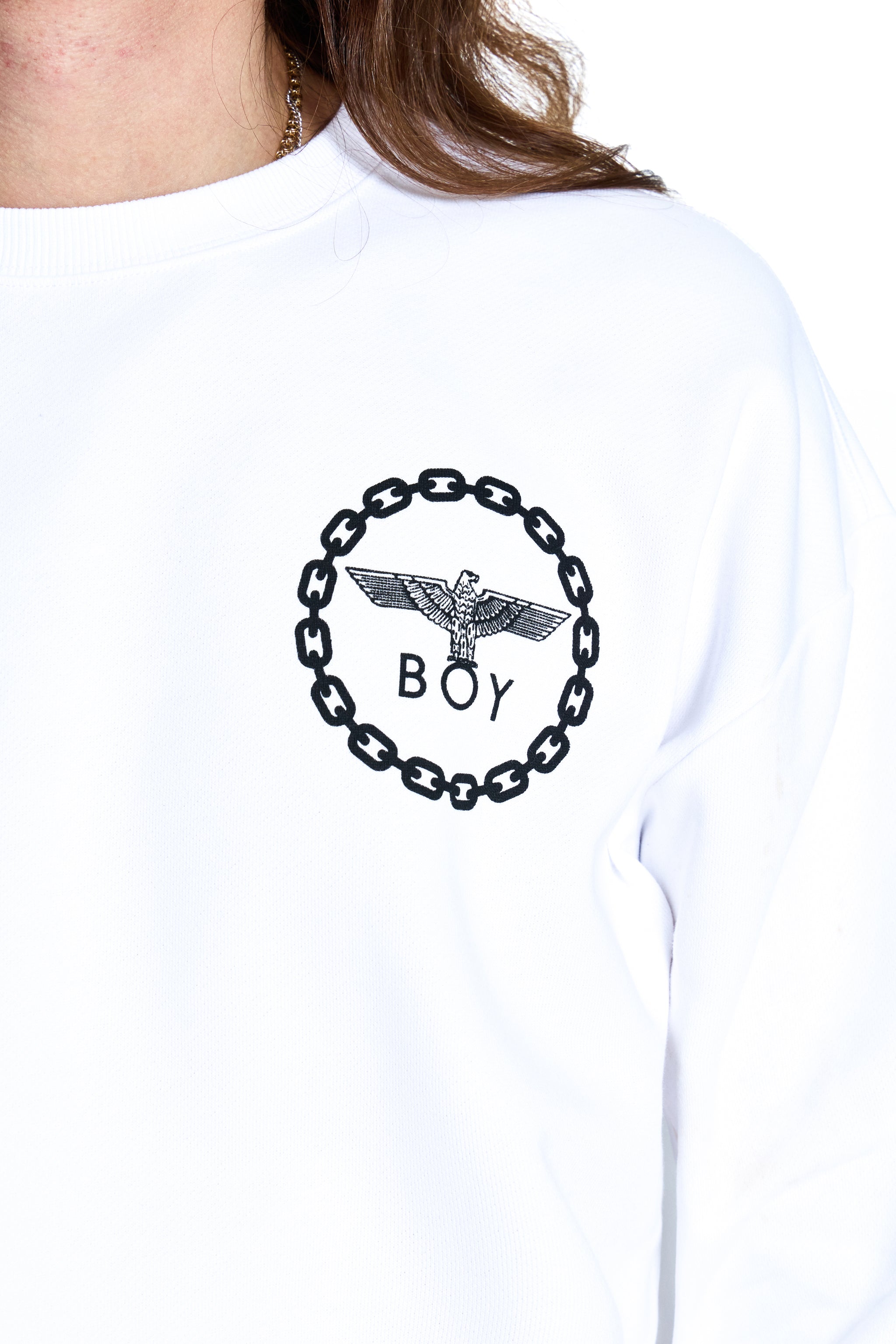 White t-shirt with black logo on the back