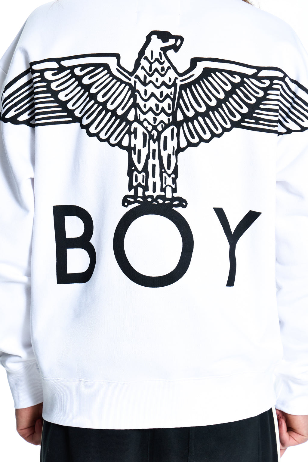 White BOY London sweatshirt with black eagle design and 'BOY' text on a white background