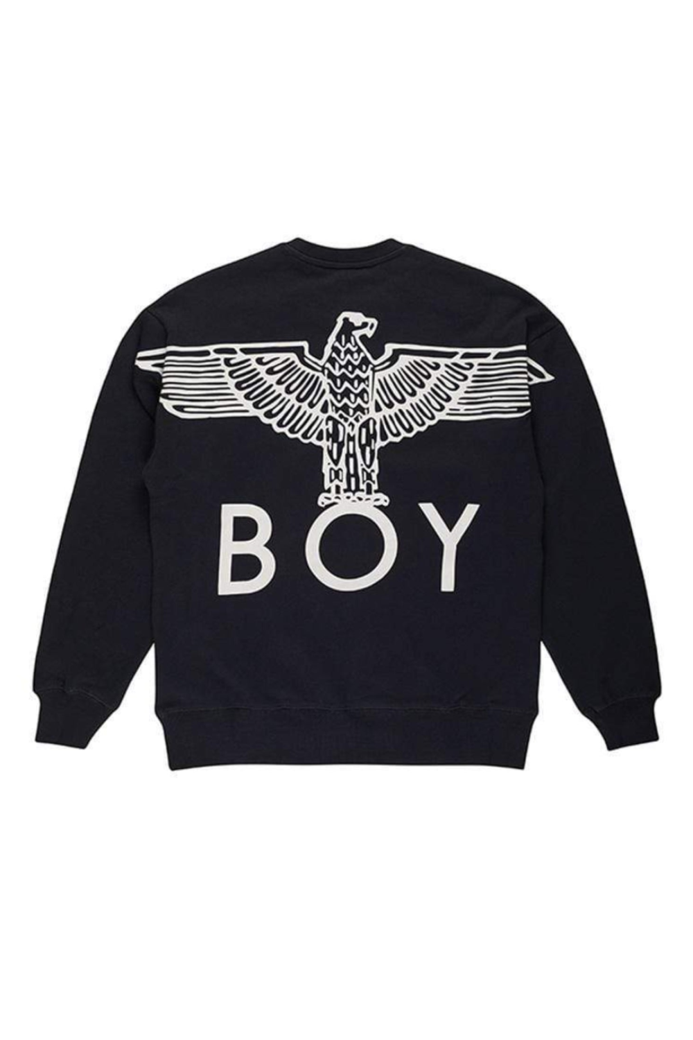 Black sweatshirt with white eagle design and 'BOY' text on a white background