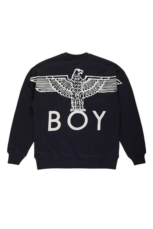 Black sweatshirt with white eagle design and 'BOY' text on a white background