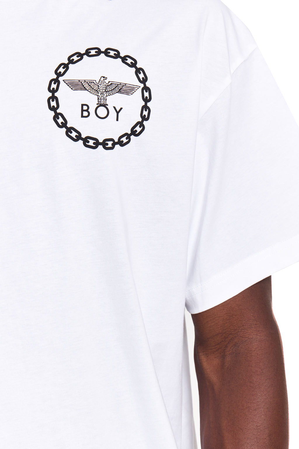 Model wearing White t-shirt with brown side panel and 'BOY' London logo on a white background