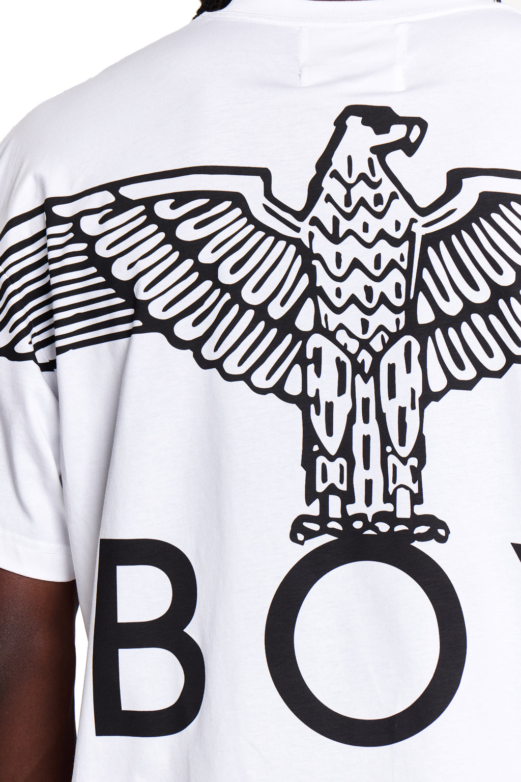 Model White BOY London t-shirt with black eagle design and 'BOY' letters on a white background