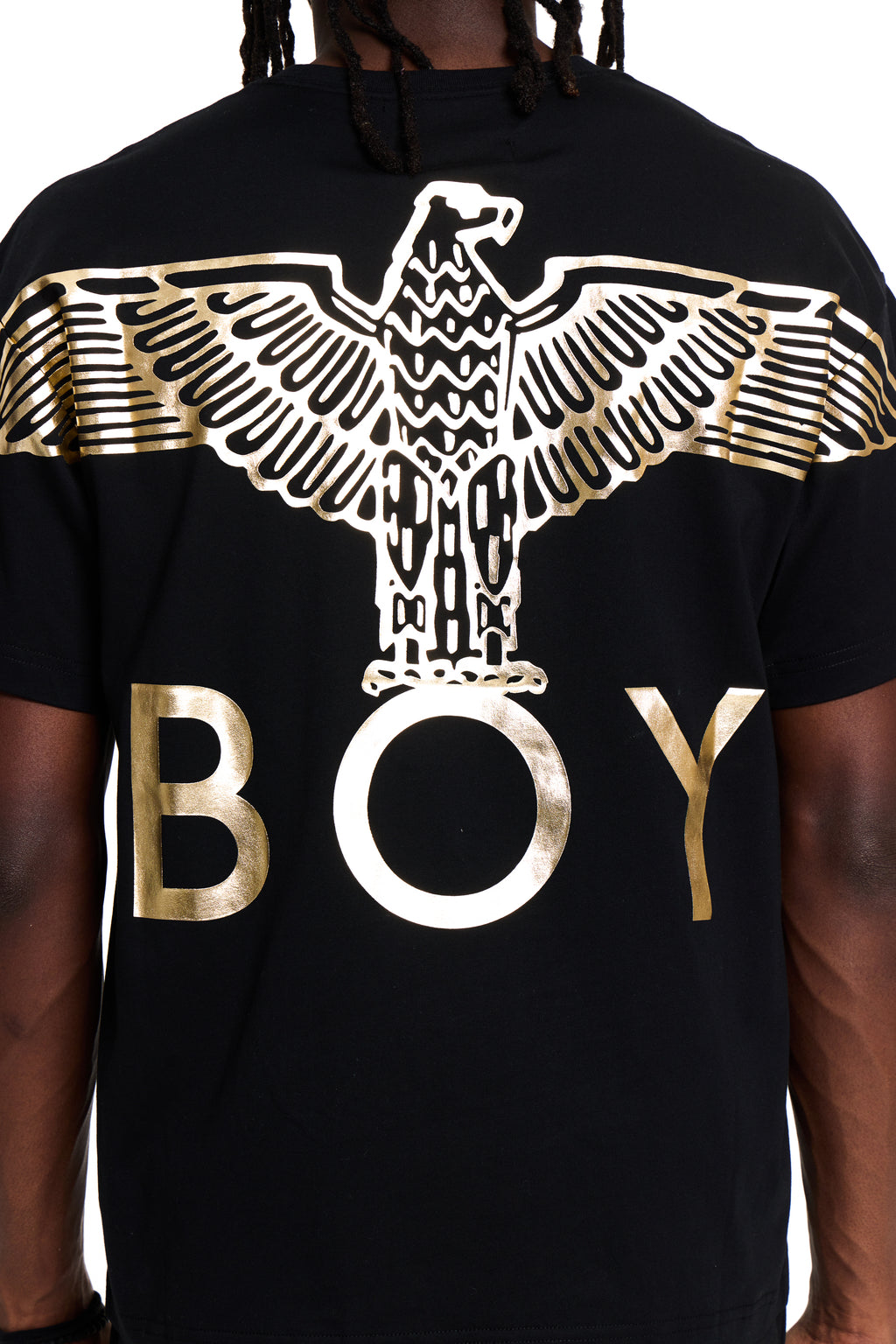 Black BOY London t-shirt with gold eagle design and 'BOY' text on the back
