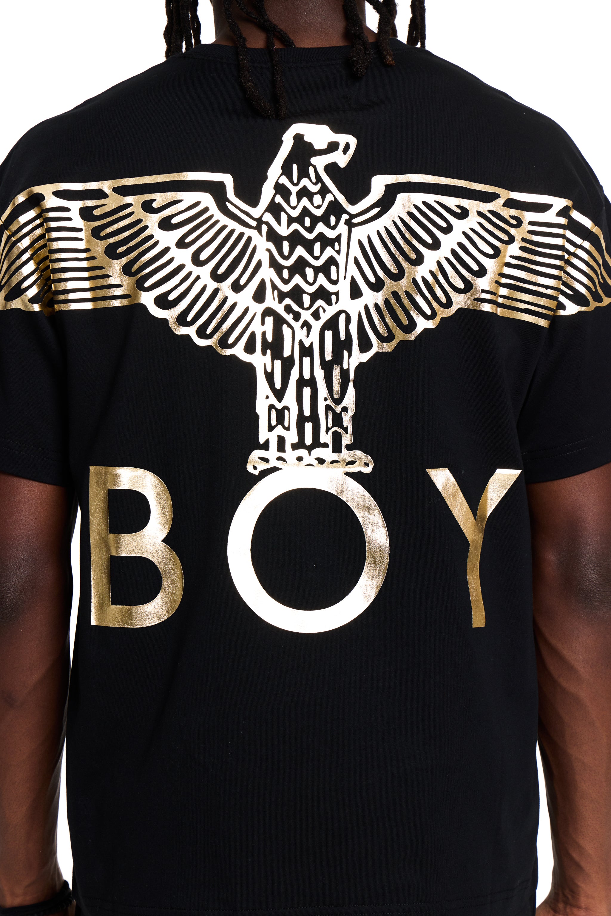 Black BOY London t-shirt with gold eagle design and 'BOY' text on the back