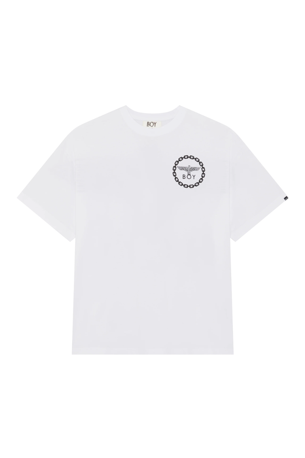 White BOY London t-shirt with a black logo on a white background