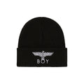 Black BOY London beanie on white background 