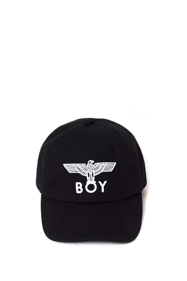 Black BOY LONDON cap with white logo and text on a white background
