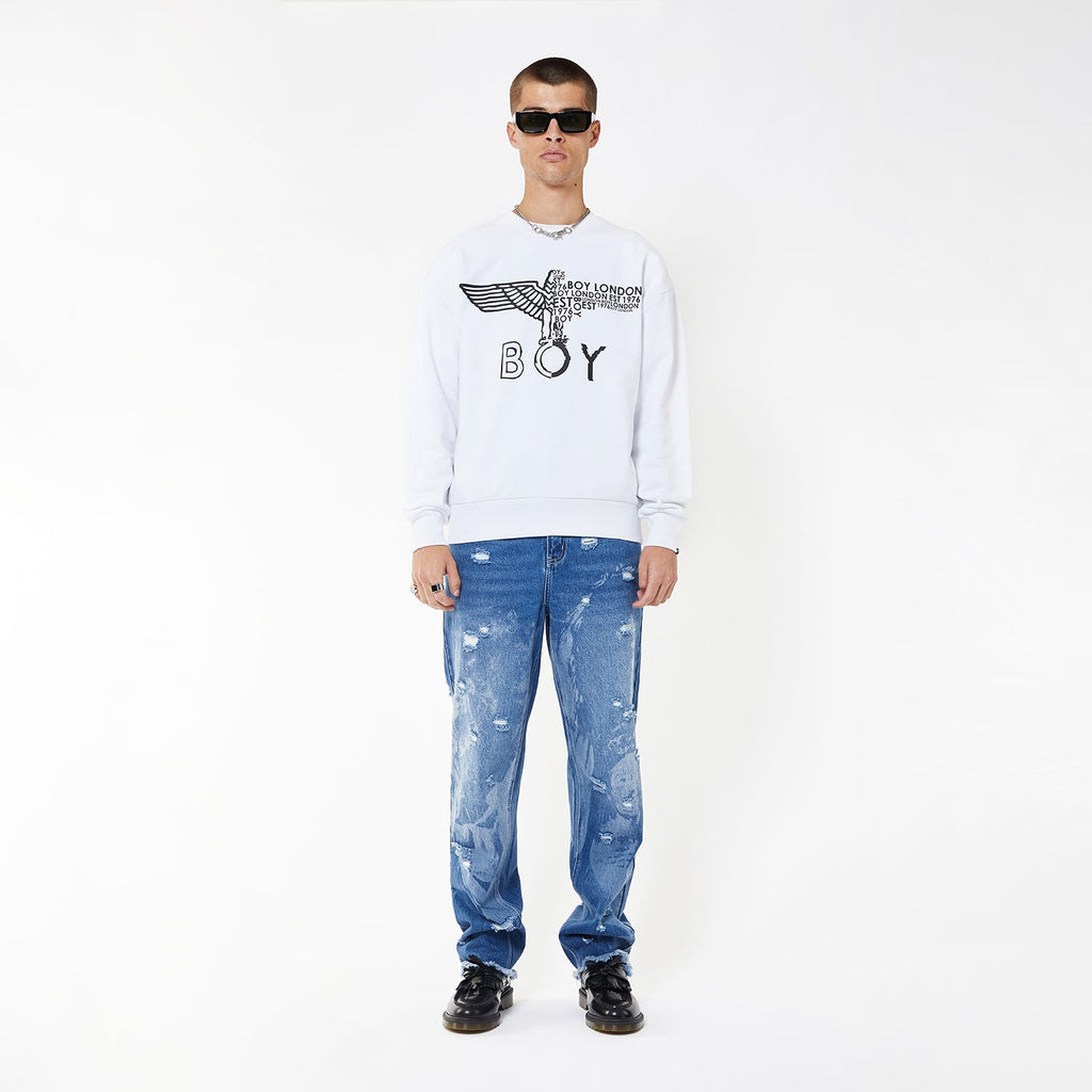 Model wearing BOY London sweatshirt on white background