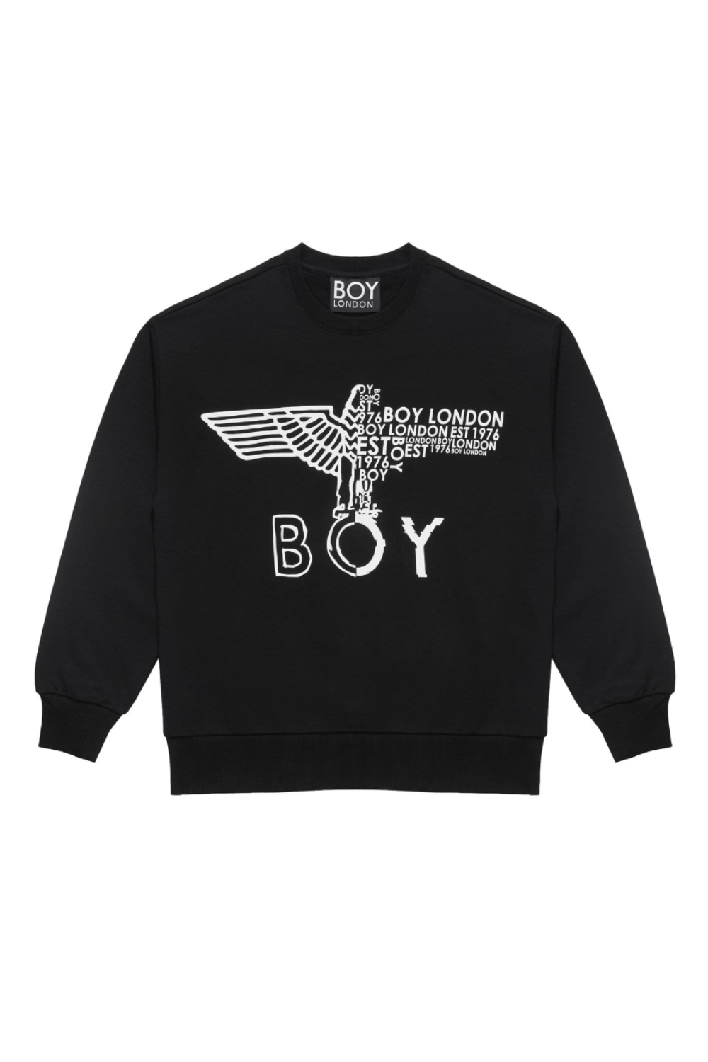 Black Boy London sweatshirt with white branding and graphics on a white background