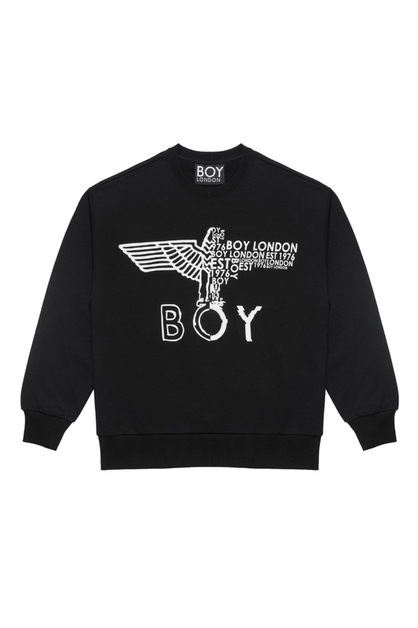 Black Boy London sweatshirt with white branding and graphics on a white background