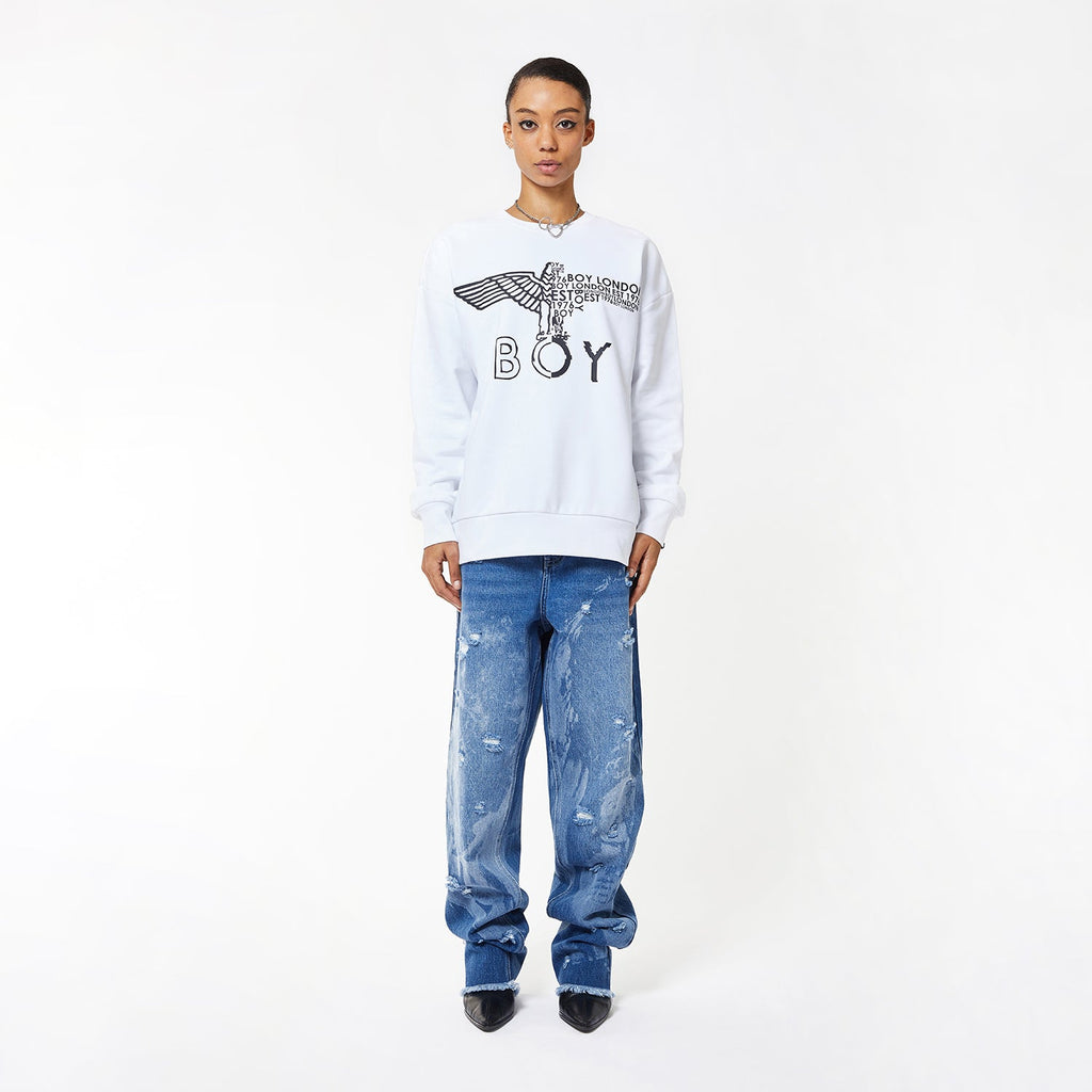 Model wearing BOY London sweatshirt on white background