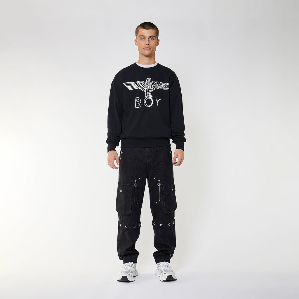Black Boy London sweatshirt with white branding and graphics on a white background