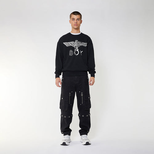 Black Boy London sweatshirt with white branding and graphics on a white background