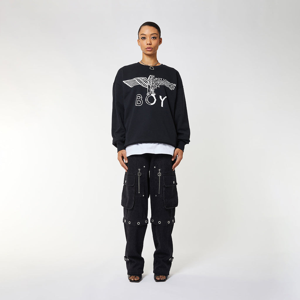 Black Boy London sweatshirt with white branding and graphics on a white background