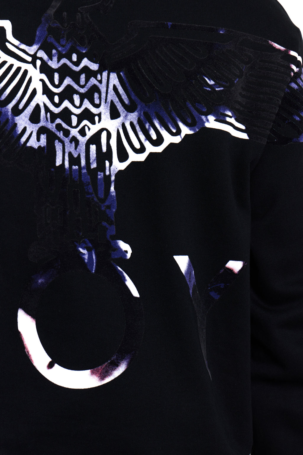 Model wearing Black BOY London hoodie with reflective wing design on a dark background