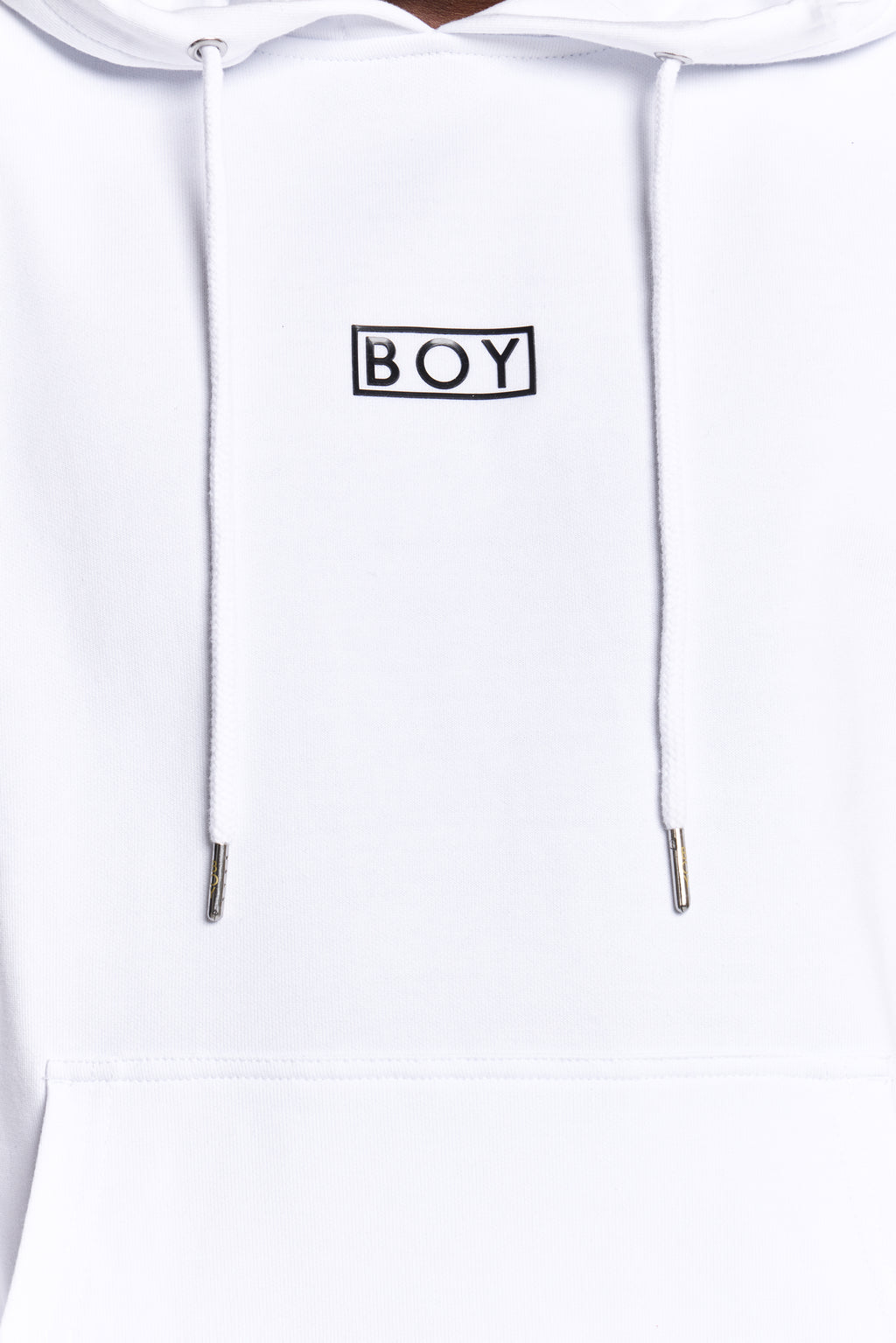 Model wearing White hoodie with 'BOY' London logo on a white background