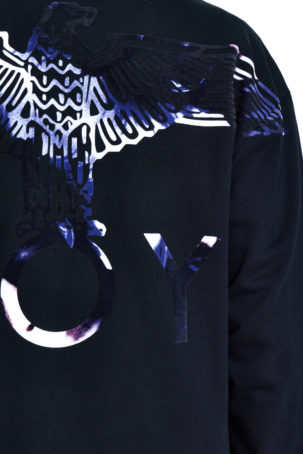 Black sweatshirt with blue and white BOY London eagle design on the back
