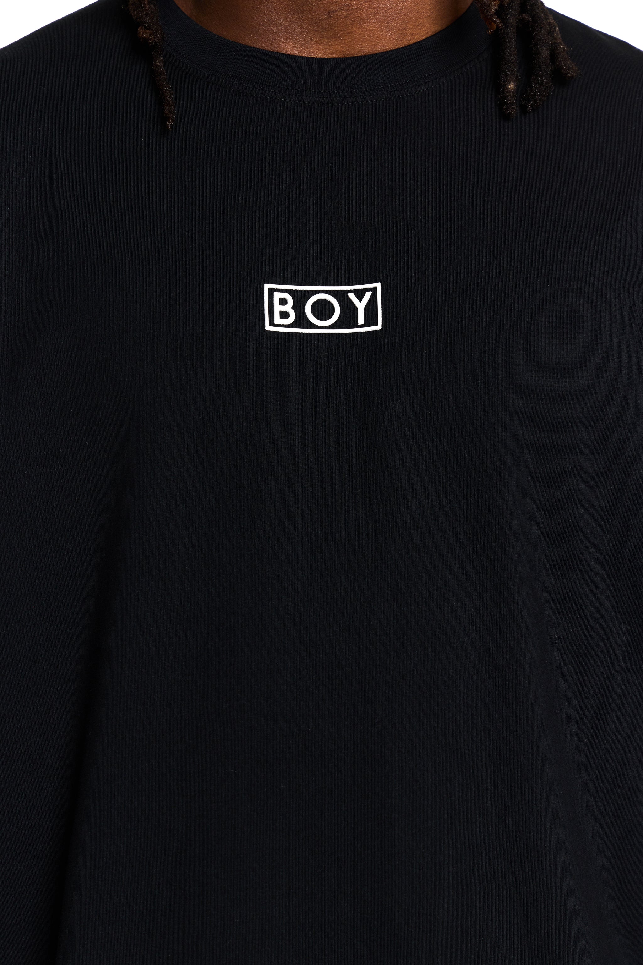 Black t-shirt with 'BOY' London logo on a white background