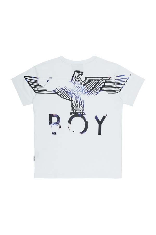 White BOY London t-shirt with eagle design and 'BOY' text on a white background