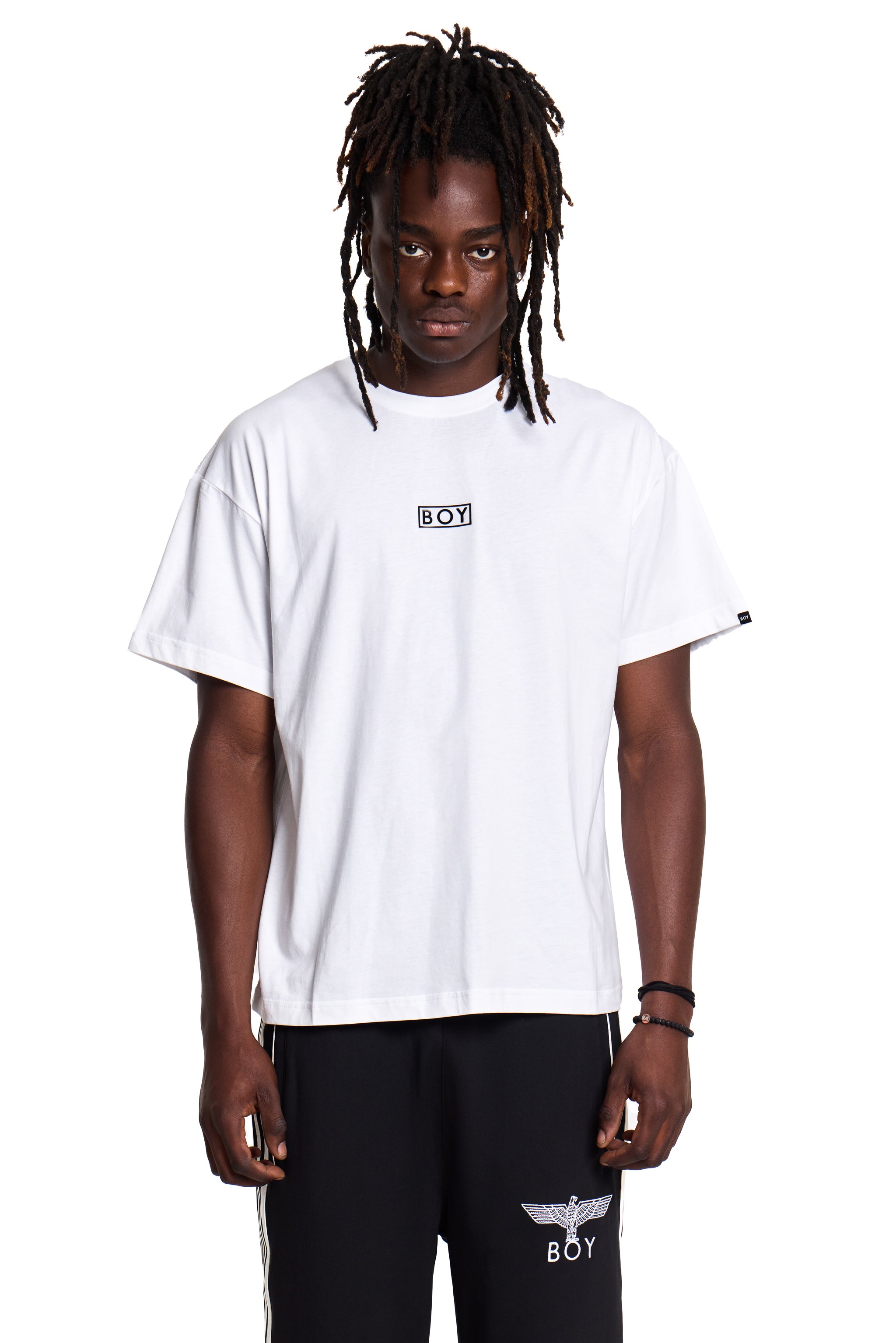 Model wearing a white BOY London t-shirt with a logo on a white background