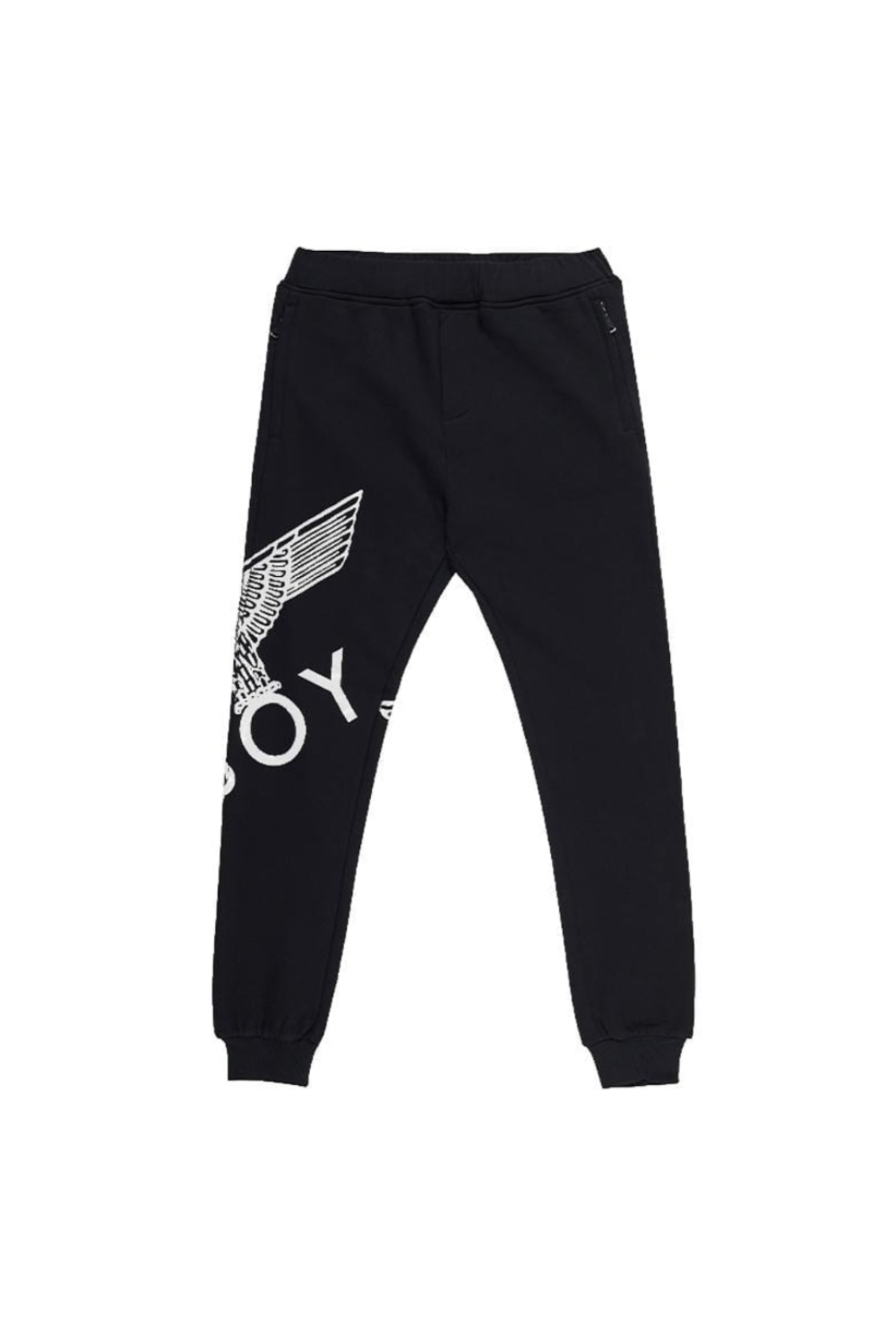 Black BOY London joggers with a white logo on a white background