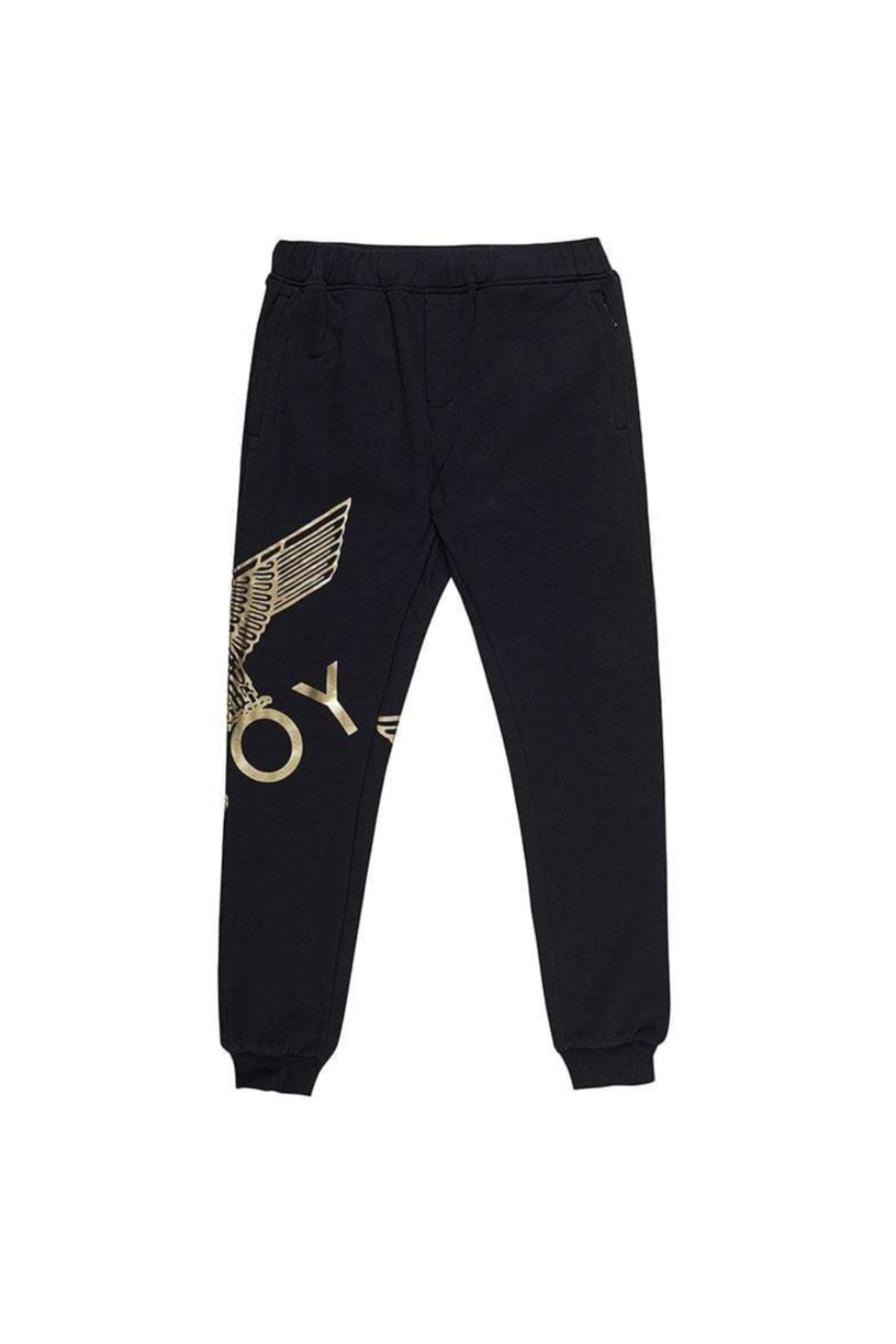 Black BOY London sweatpants with gold design on a white background