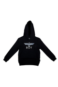 Black hoodie with a logo on a white background