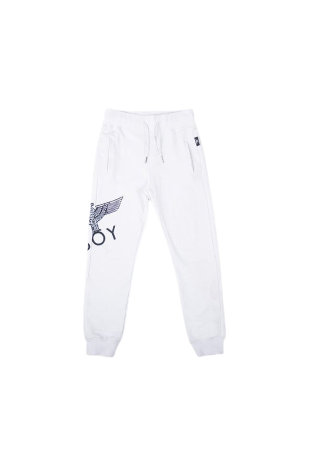 White sweatpants with a logo on a white background
