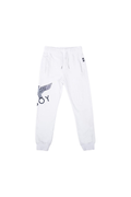 White sweatpants with a logo on a white background