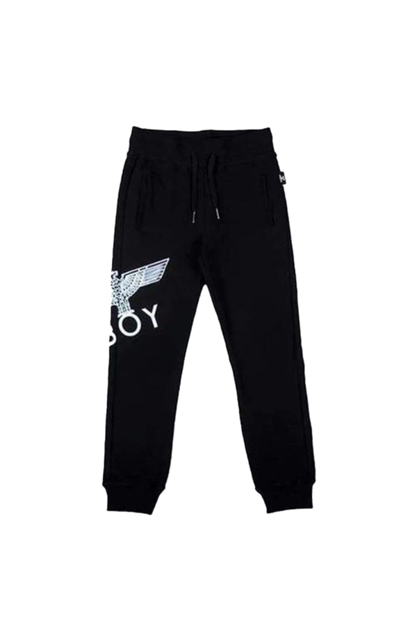 Black BOY London sweatpants with a logo on a white background
