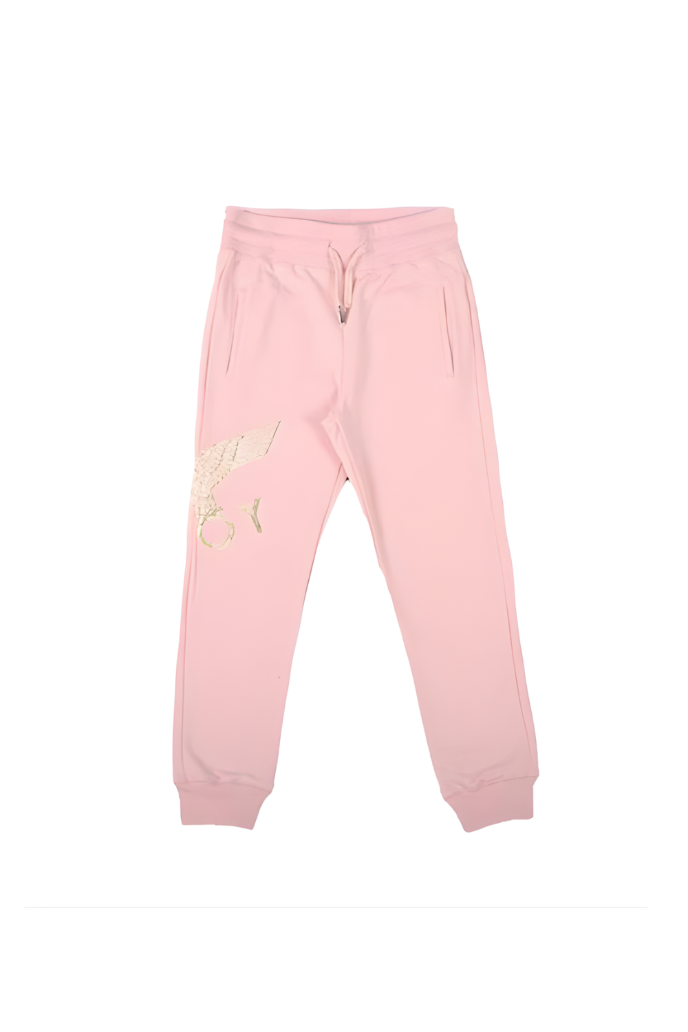 Pink sweatpants with a logo on a white background